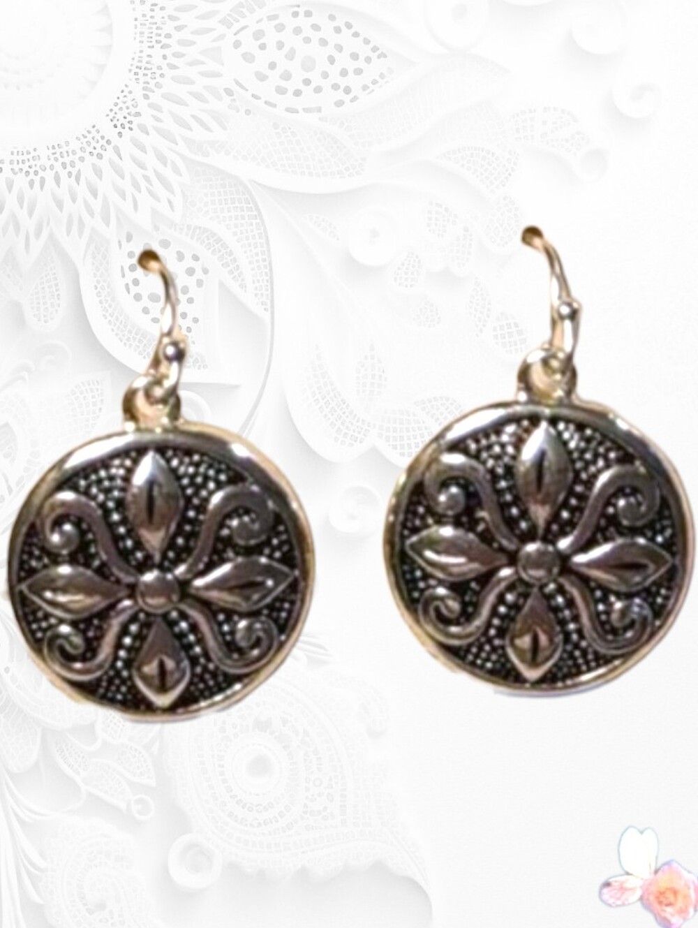 Ear Sense Round Fleur-de-Lis Textured Dangle Earrings  Silver Nickel-Free 201
